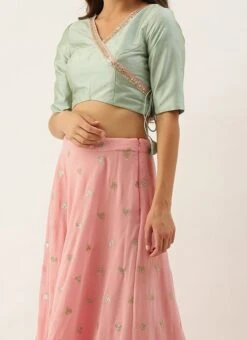 Teen Girls Angrakha Style Peach Embroidered Lehenga Set Festive Wear