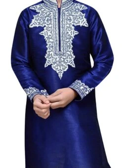 Art Silk Navy Blue Embroidered Teens Kurta Pyjama