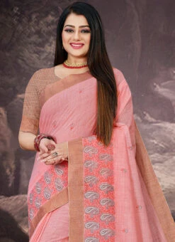 Baby Pink Linen Embroidered Work Saree After Six Wear -Mahra Clothing Shop Baby Pink Linen Embroidered Work Saree SAMASR04 b