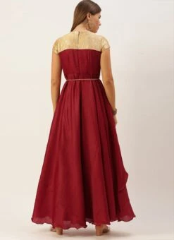Teen Girls Beige Brocade N Maroon Satin Layered Gown Festive Wear -Mahra Clothing Shop Beige Brocade N Maroon Satin Layered Gown IWBS02105367 b 1