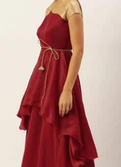 Teen Girls Beige Brocade N Maroon Satin Layered Gown Festive Wear
