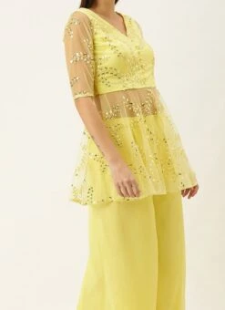 Teen Girls Beige Embroidered Peplum Blouse N Palazzo Set Festive Wear