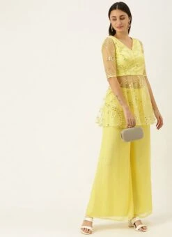 Teen Girls Beige Embroidered Peplum Blouse N Palazzo Set Festive Wear -Mahra Clothing Shop Beige Embroidered Peplum Blouse N Palazzo Set IWBS02109720 u