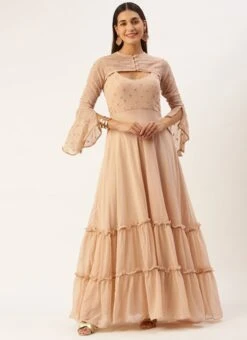 Teen Girls Peach Georgette Embroidered Tiered Gown Festive Wear -Mahra Clothing Shop Beige Georgette Embroidered Tiered Gown IWBS02212560 u