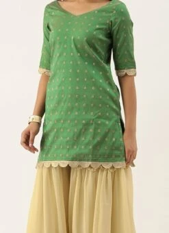 Teen Girls Beige N Green Zari Tiered Sharara Set Festive Wear