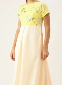 Beige N Yellow Embroidered Pleated Dress Festive Wear