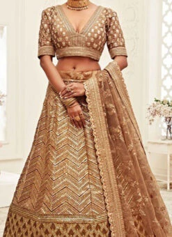 Beige Net Embroidered N Sequins Work Umbrella Lehenga Wedding Wear