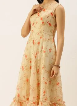 Teen Girls Beige Printed Organza Anarakali Suit Festive Wear
