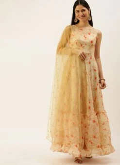 Teen Girls Beige Printed Organza Anarakali Suit Festive Wear -Mahra Clothing Shop Beige Printed Organza Anarakali Suit SLBS02203501 u