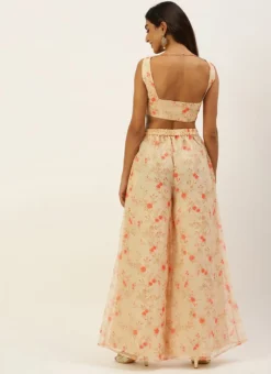 Teen Girls Beige Printed Organza Co-Ords Set Party Wear -Mahra Clothing Shop Beige Printed Organza Co Ords Set IWBS02206174 b