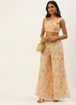 Teen Girls Beige Printed Organza Co-Ords Set Party Wear -Mahra Clothing Shop Beige Printed Organza Co Ords Set IWBS02206174 u