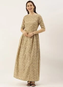 Beige Printed Rayon Boat Neck Maxi Dress After Six Wear -Mahra Clothing Shop Beige Printed Rayon Boat Neck Maxi Dress DRBS02101821 u