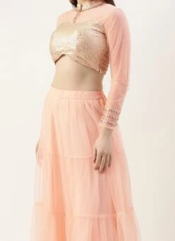 Teen Girls Beige Sequins Embroidered Tiered Lehenga Set Party Wear