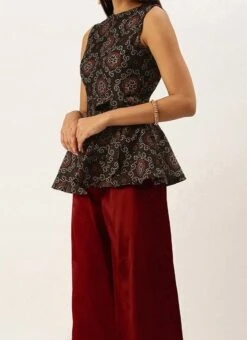 Teen Girls Black Art Silk Top And Wide Leg Pant Set Festive Wear