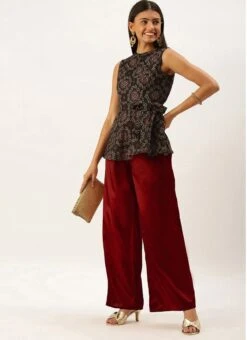 Teen Girls Black Art Silk Top And Wide Leg Pant Set Festive Wear -Mahra Clothing Shop Black Art Silk Top and Wide Leg Pant Set IWBS02202351 u