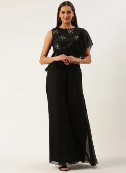 Teen Girls Black Chinnon Embroidered Palazzo Set Festive Wear -Mahra Clothing Shop Black Chinnon Embroidered Palazzo Set IWBS02208506 u