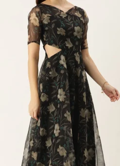 Teen Girls Black Digital Printed Organza Gown Party Wear
