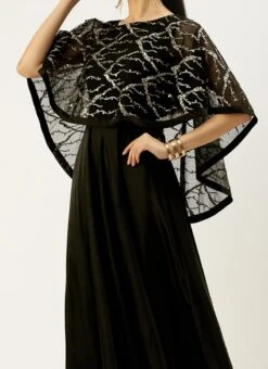 Teen Girls Black Embroidered Cape Style Gown Party Wear
