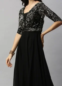 Teen Girls Black Embroidered Georgette Floor Length Gown Party Wear