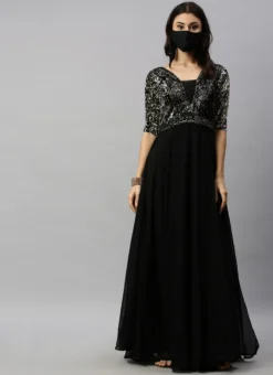 Teen Girls Black Embroidered Georgette Floor Length Gown Party Wear -Mahra Clothing Shop Black Embroidered Georgette Floor Length Gown IWBS02309055 u