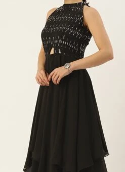 Teen Girls Black Embroidered Halter Neck Gown Festive Wear
