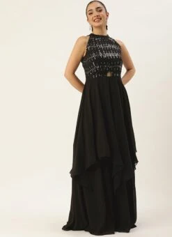 Teen Girls Black Embroidered Halter Neck Gown Festive Wear -Mahra Clothing Shop Black Embroidered Halter Neck Gown IWBS02307658 u