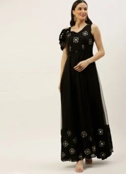Teen Girls Black Embroidered One Shoulder Gown Party Wear -Mahra Clothing Shop Black Embroidered One Shoulder Gown IWBS02205856 u