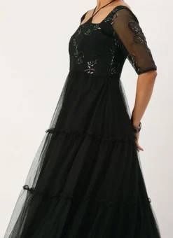 Teen Girls Black Embroidered Organza N Net Gown Festive Wear