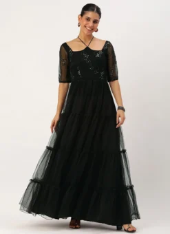 Teen Girls Black Embroidered Organza N Net Gown Festive Wear -Mahra Clothing Shop Black Embroidered Organza N Net Gown IWBS02302538 u