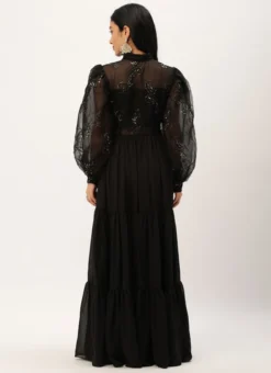 Teen Girls Black Embroidered Organza Tiered Style Wedding Wear -Mahra Clothing Shop Black Embroidered Organza Tiered Style Gown IWBS02301999 b