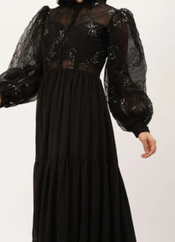 Teen Girls Black Embroidered Organza Tiered Style Wedding Wear