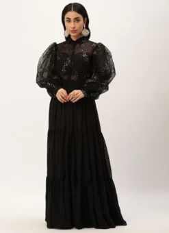 Teen Girls Black Embroidered Organza Tiered Style Wedding Wear -Mahra Clothing Shop Black Embroidered Organza Tiered Style Gown IWBS02301999 u