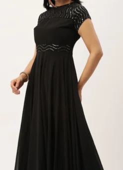 Teen Girls Black Georgette Embroidered Flared Gown Festive Wear
