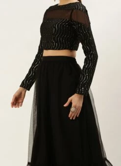 Teen Girls Black Georgette Embroidered Lehenga Set Wedding Wear