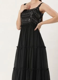 Teen Girls Black Georgette Sequins Gown Festive Wear