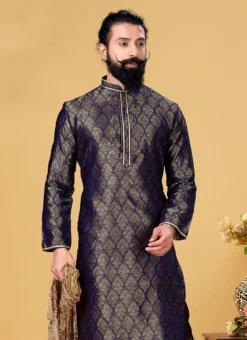 Navy Blue Jacquard Silk Kurta Pyjama Party Wear -Mahra Clothing Shop Black Jacquard Silk Kurta Pyjama KPSVS120 b