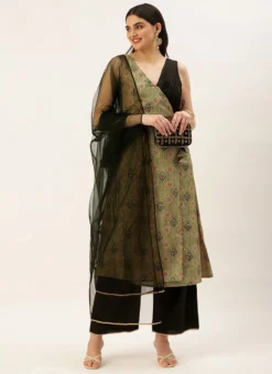 Teen Girls Black N Green Printed Art Silk Anarkali Set Festive Wear -Mahra Clothing Shop Black N Green Printed Art Silk Anarkali Set SLBS02209653 u 1