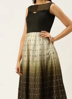 Teen Girls Black N Green Taffeta Printed Anarkali Suit Festive Wear