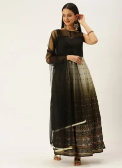 Teen Girls Black N Green Taffeta Printed Anarkali Suit Festive Wear -Mahra Clothing Shop Black N Green Taffeta Printed Anarkali Suit SLBS02208498 u