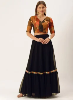 Teen Girls Black N Multicolored Embroidered Crop Top N Skirt Festive Wear -Mahra Clothing Shop Black N Multicolored Embroidered Crop Top N Skirt IWBS02110939 u