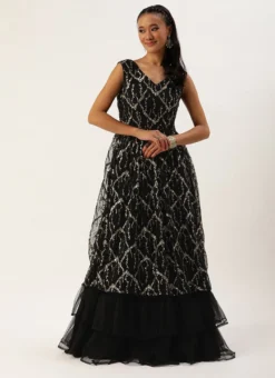 Black Net Embroidered V Neck Gown Festive Wear -Mahra Clothing Shop Black Net Embroidered V Neck Gown IWBS02302274 u