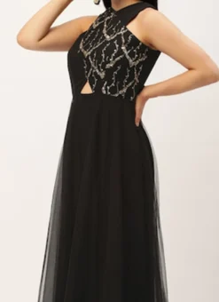 Teen Girls Black Net Embroidery Halter Neck Gown Festive Wear