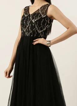 Teen Girls Black Net Sequins Embroidery Party Wear