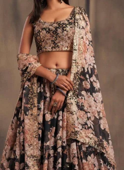 Black Organza Floral Digital Print Umbrella Lehenga Party Wear