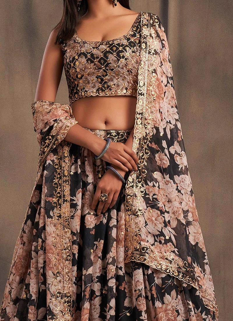 Black Organza Floral Digital Print Umbrella Lehenga Party Wear 1 Black Organza Floral Digital Print Umbrella Lehenga Party Wear