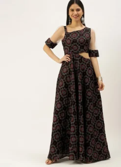 Teen Girls Black Printed Art Silk Gown Festive Wear -Mahra Clothing Shop Black Printed Art Silk Gown IWBS02208431 u