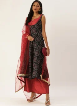 Teen Girls Black Printed Sweetheart Neck Anarkali Suit Festive Wear -Mahra Clothing Shop Black Printed Sweetheart Neck Anarkali Suit SLBS02203510 u 1