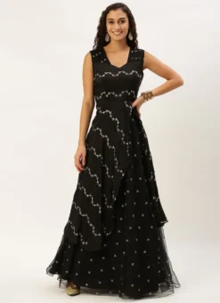 Black Viscose Embroidered Layered Gown Festive Wear -Mahra Clothing Shop Black Viscose Embroidered Layered Gown IWBS02212600 u