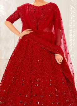 Blood Red Net Embroidered N Stones Umbrella Lehenga Party Wear