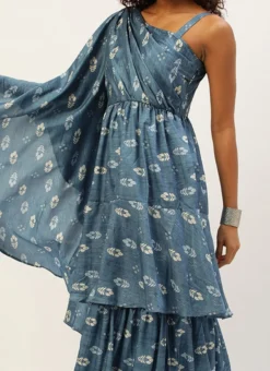 Teen Girls Blue Art Silk Digital Printed Gown Festive Wear